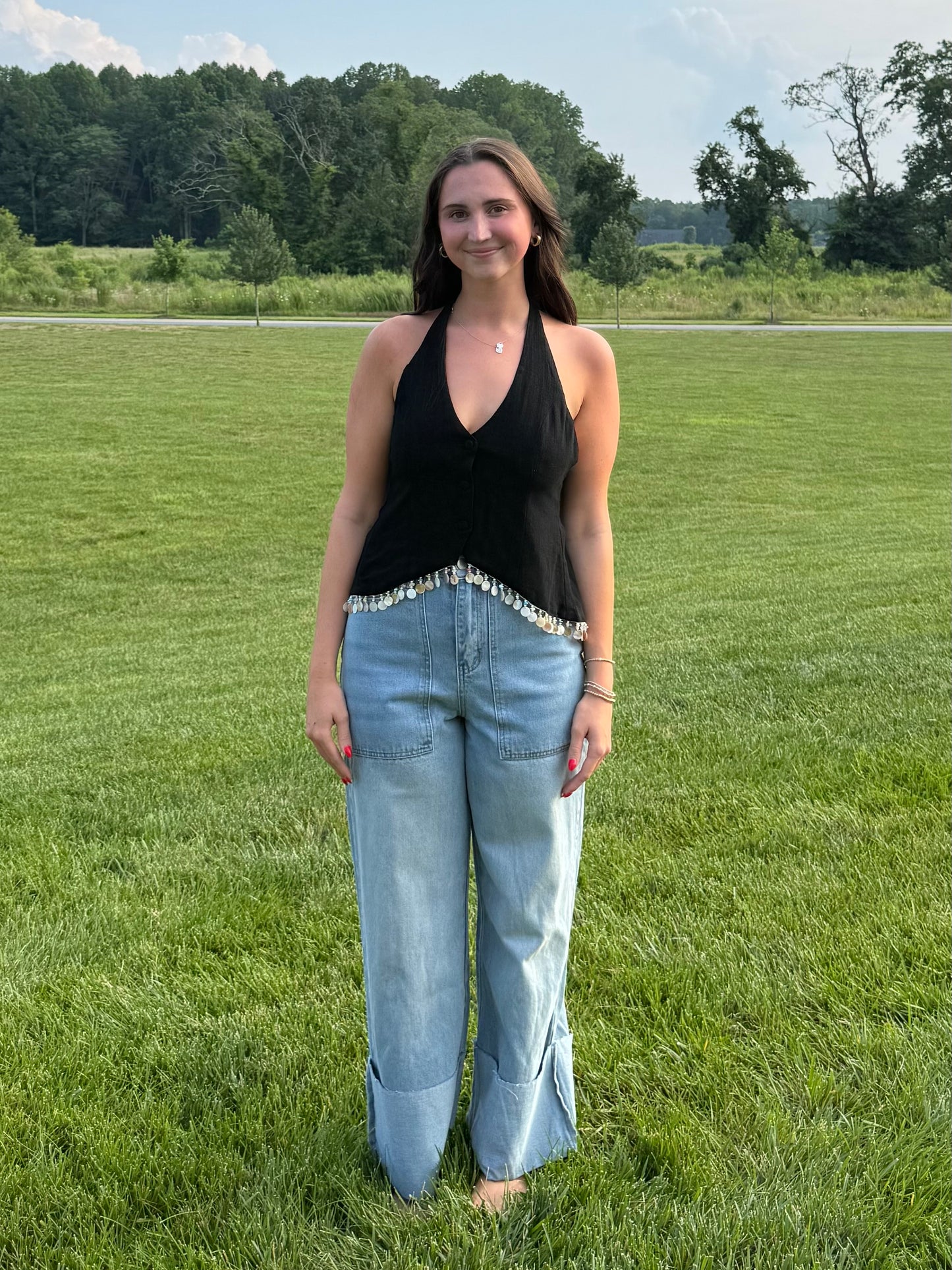 High Waisted Wide Leg Cuffed Jeans