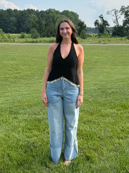 High Waisted Wide Leg Cuffed Jeans