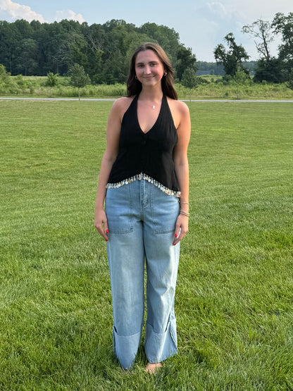 High Waisted Wide Leg Cuffed Jeans