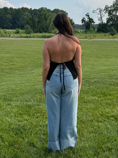 High Waisted Wide Leg Cuffed Jeans